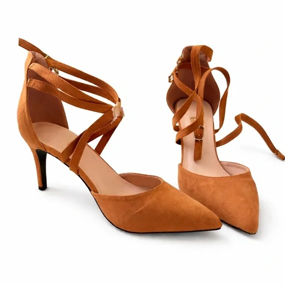 Tan Suede Pointed Toe Heels Ankle Strap Pumps Criss Cross - Picture 7 of 7